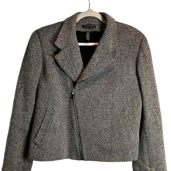 Ralph Lauren Checkered Wool Mini Coat Moto Zip - Picture 2 of 6